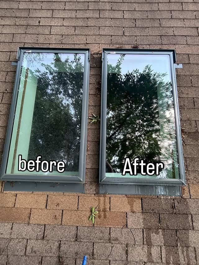 Two roof skylights side-by-side — dirty on the left, freshly cleaned on the right
